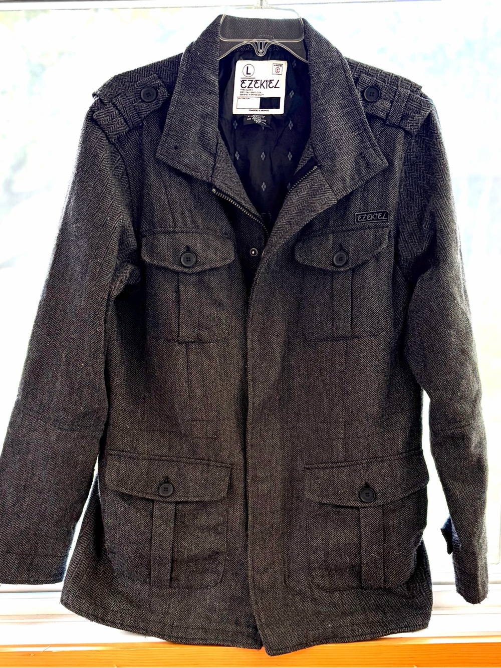 Ezekiel Charcoal Grey Herringbone Utility Field Jacket Men’s Large L